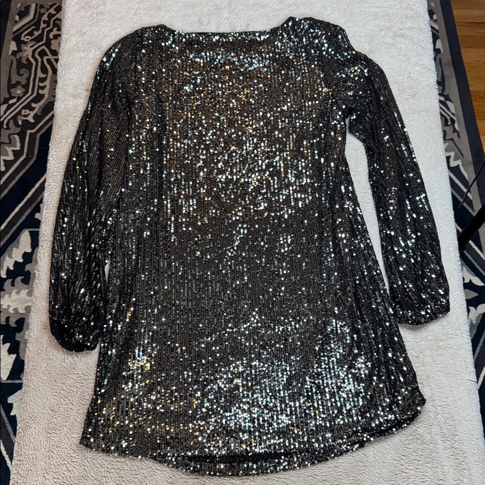 NWT Steve Madden Glittering Black Silver Sequin Shiny Long Sleeve Dress sz L - Picture 10 of 10